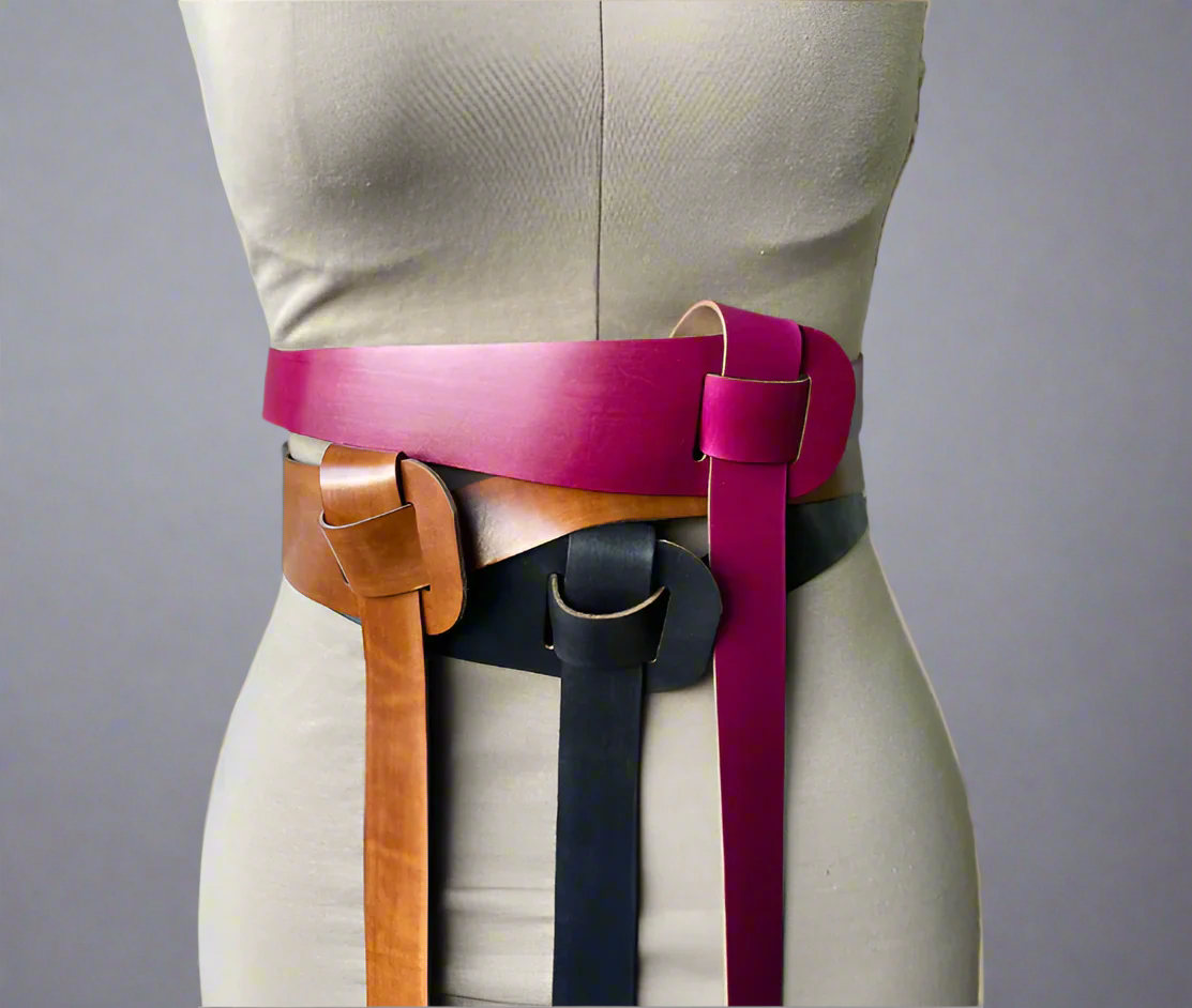 Pin, tan and black hand dyed full grain handmade leather knotted belts