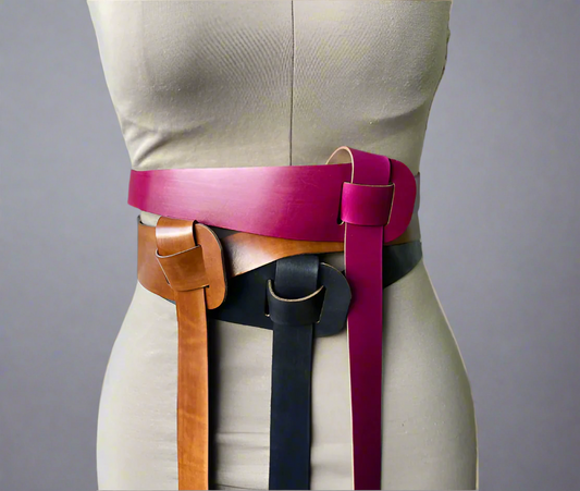 Pin, tan and black hand dyed full grain handmade leather knotted belts