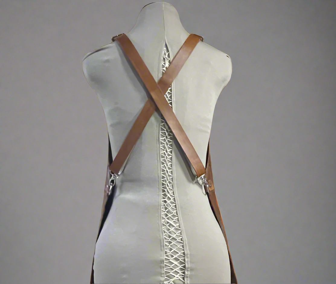 Leather apron showing the crossover straps