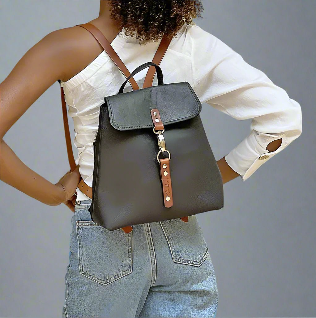 black and tan leather backpack compact structured handmade
