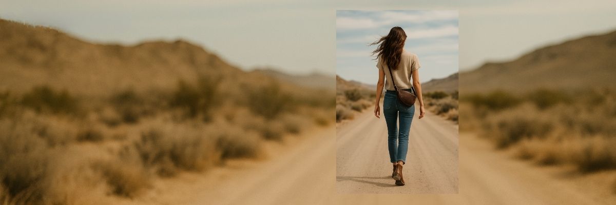 Hadley walking a gravel road in the Karoo carrying a Smithco Leather sling bag from Cape Town
