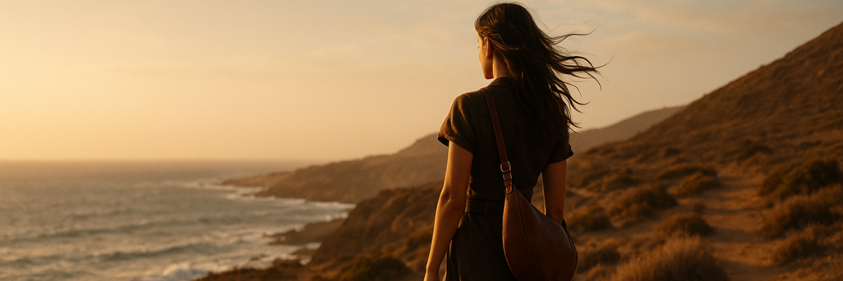 Woman with windswept hair stands on a seaside cliff in Cape Town wearing a handmade leather sling bag.  Leather bags Cape Town.