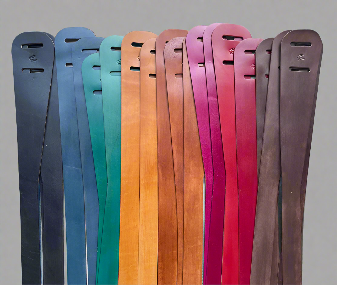 Colourful collection of handmade full grain leather hand dyed knotted belts