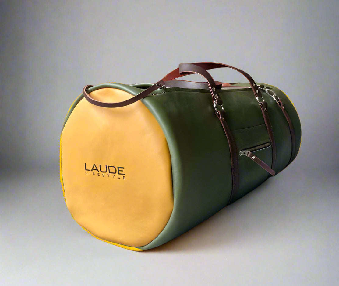 Green and yellow duffel bag with 'Laude Lifestyle' custom branding