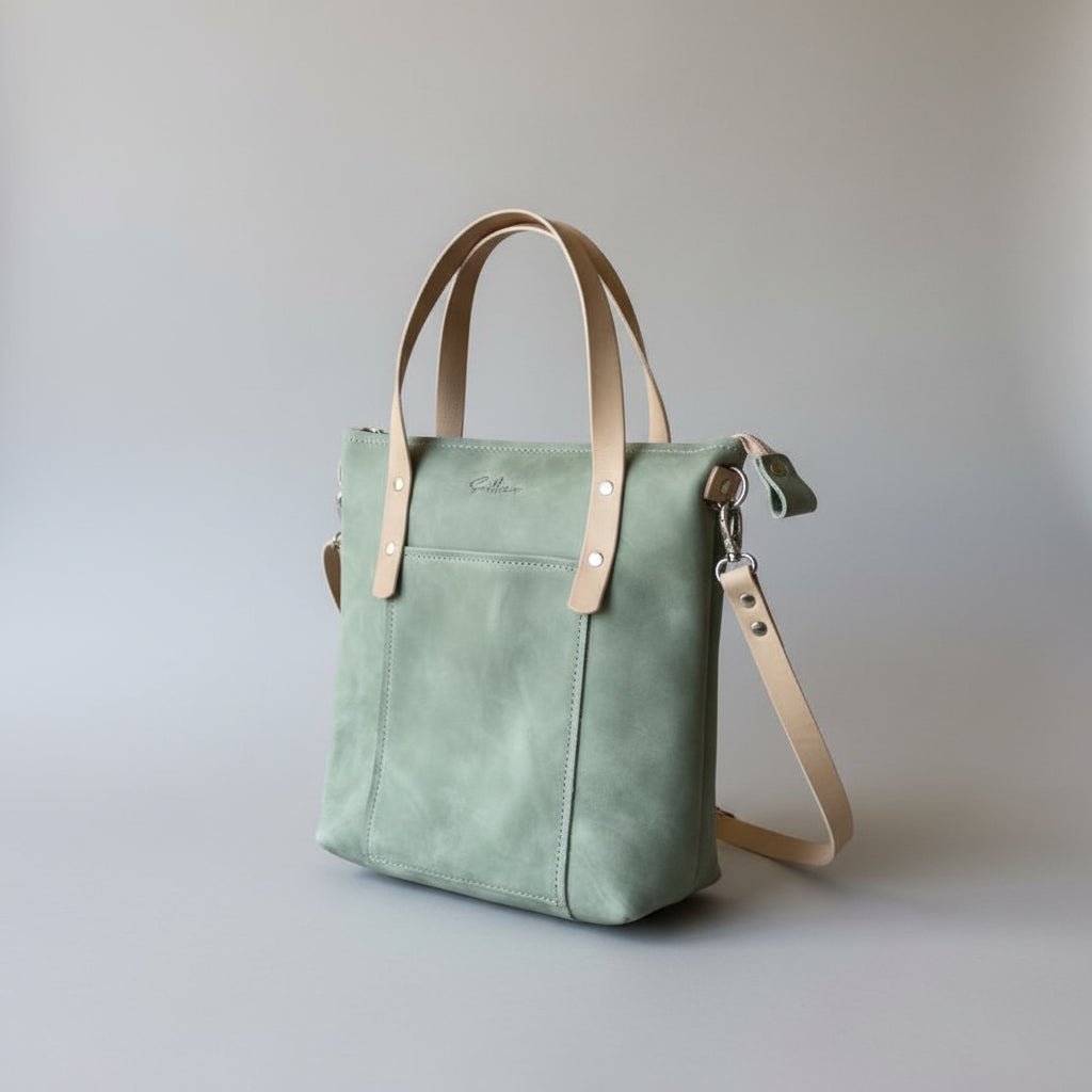 full grain leather mini shopper in green handmade Cape Town