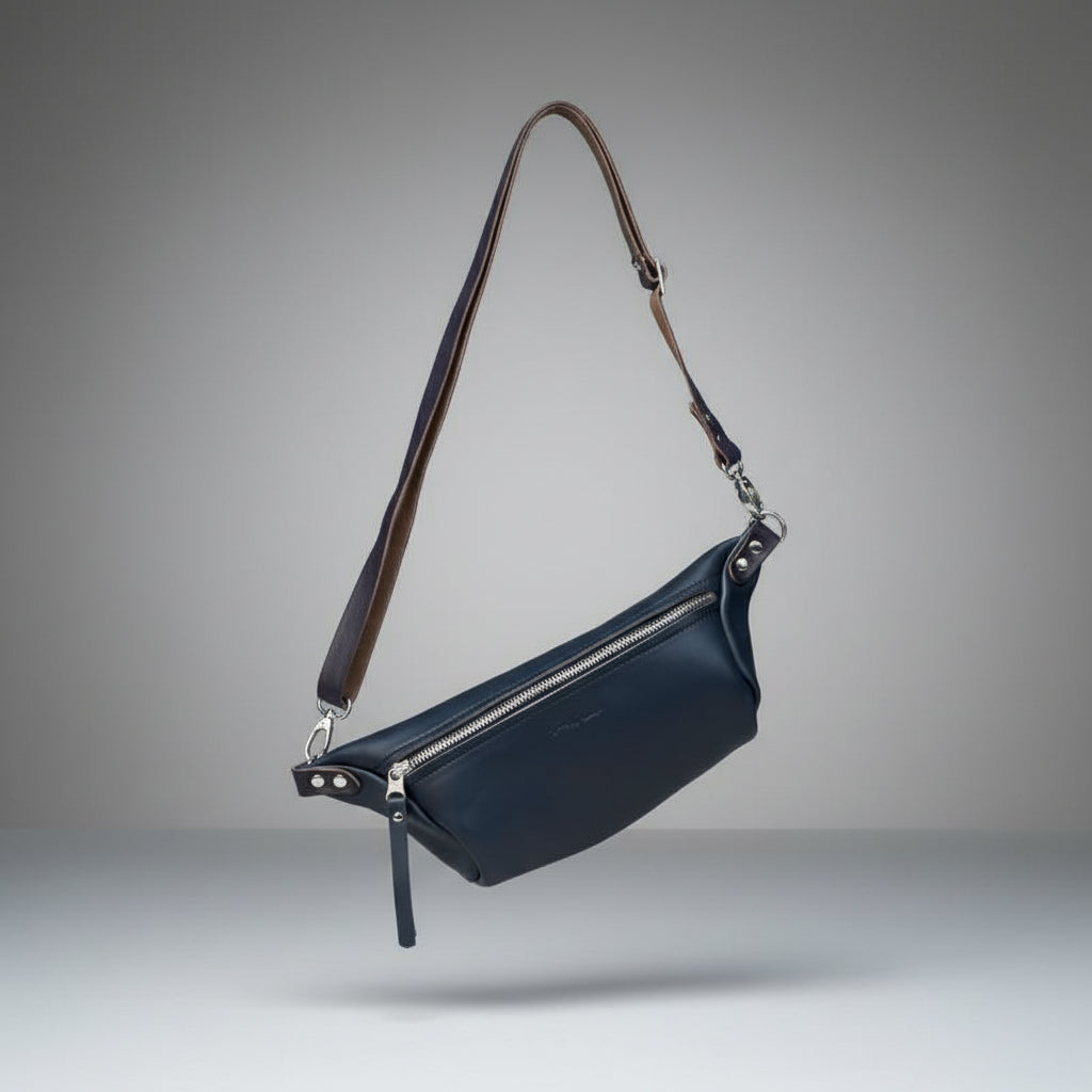 Full grain leather navy crossbody sling bag handmade in Cape Town