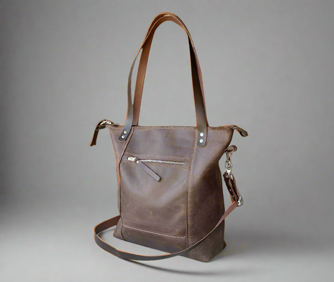 Elegant brown leather shopper bag with shoulder straps, durable and handmade in South Africa