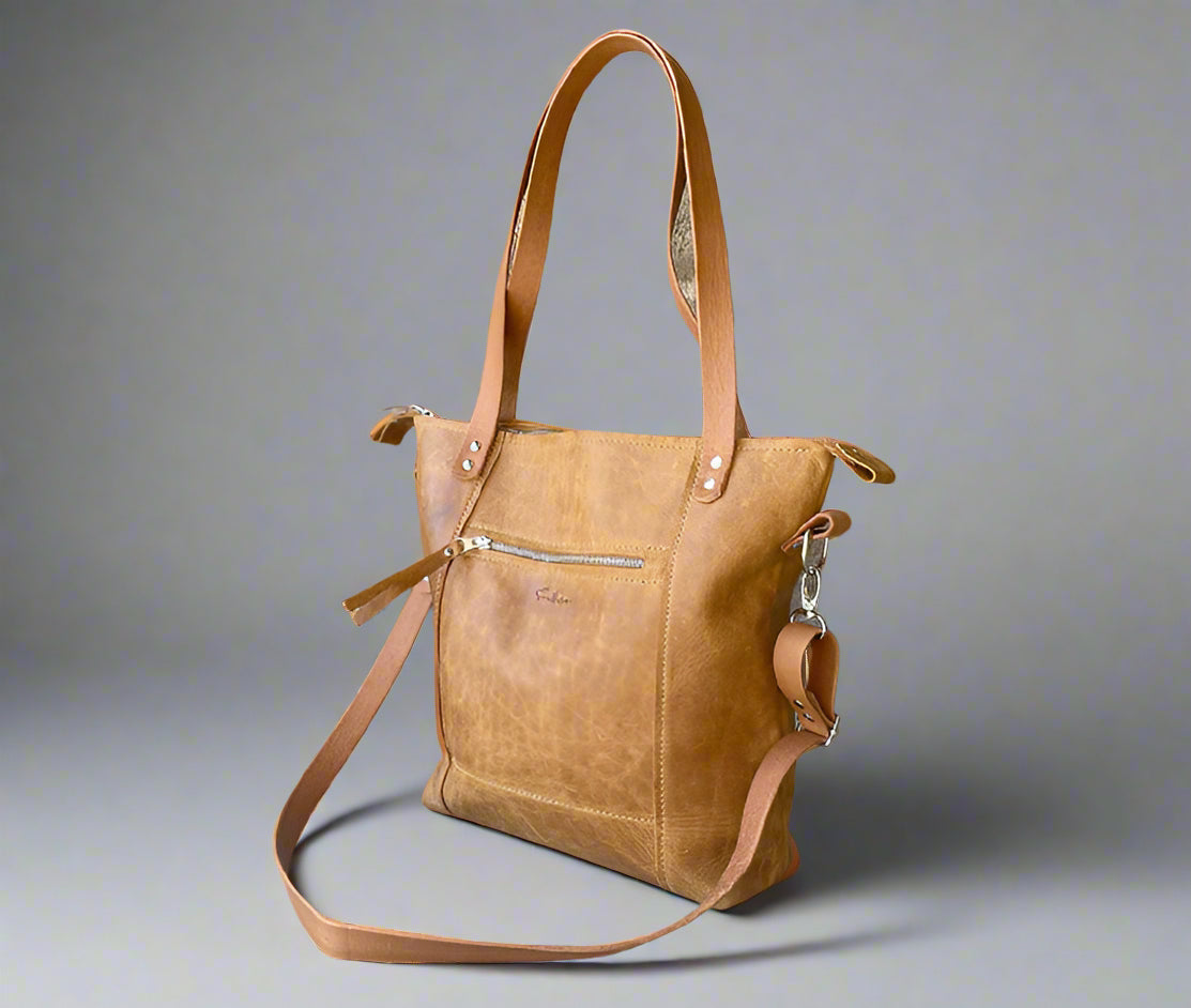 Lux Shopper tote in tan leather with spacious interior and zip closure – crafted in Cape Town