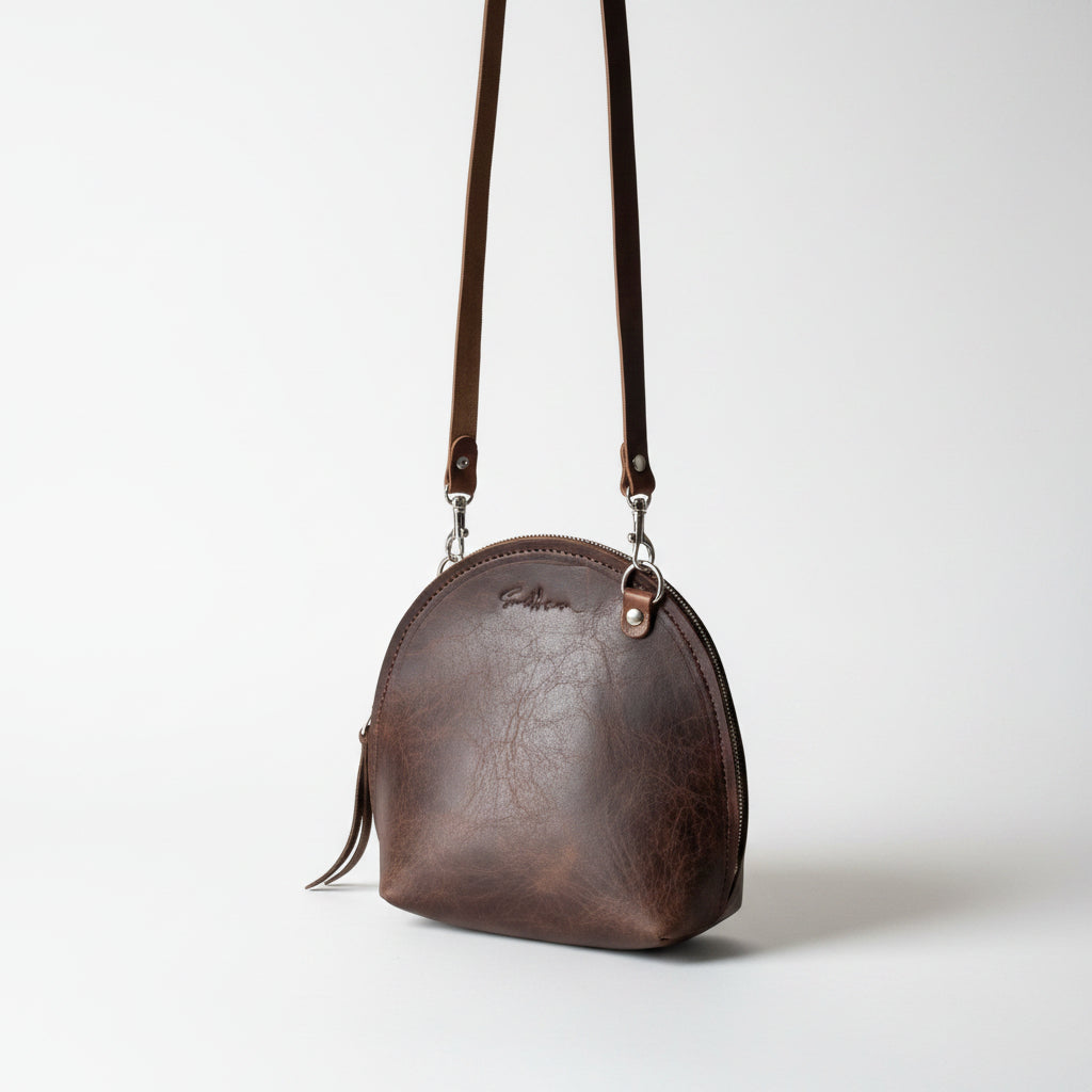 Brown full grain leather mini crossbody bag handmade in Cape Town
