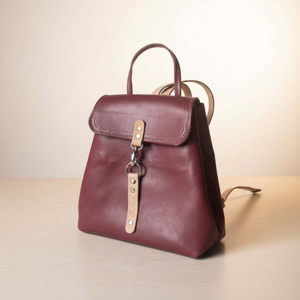 Burgundy colour full grain leather backpack, cape town