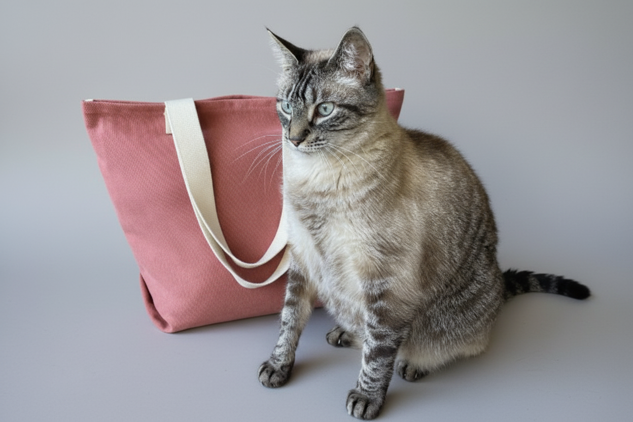 rose coloured canvas shopper and cat