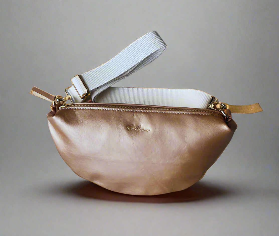 Halfmoon crossbody bag in full grain gold leather with cotton webbing strap