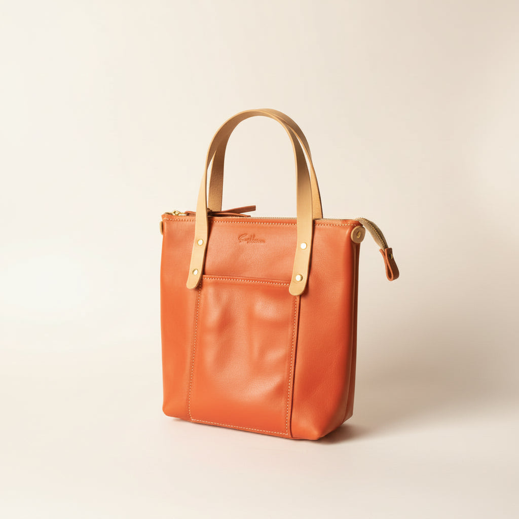 Full grain leather mini tote in coral colour | handmade in Cape Town