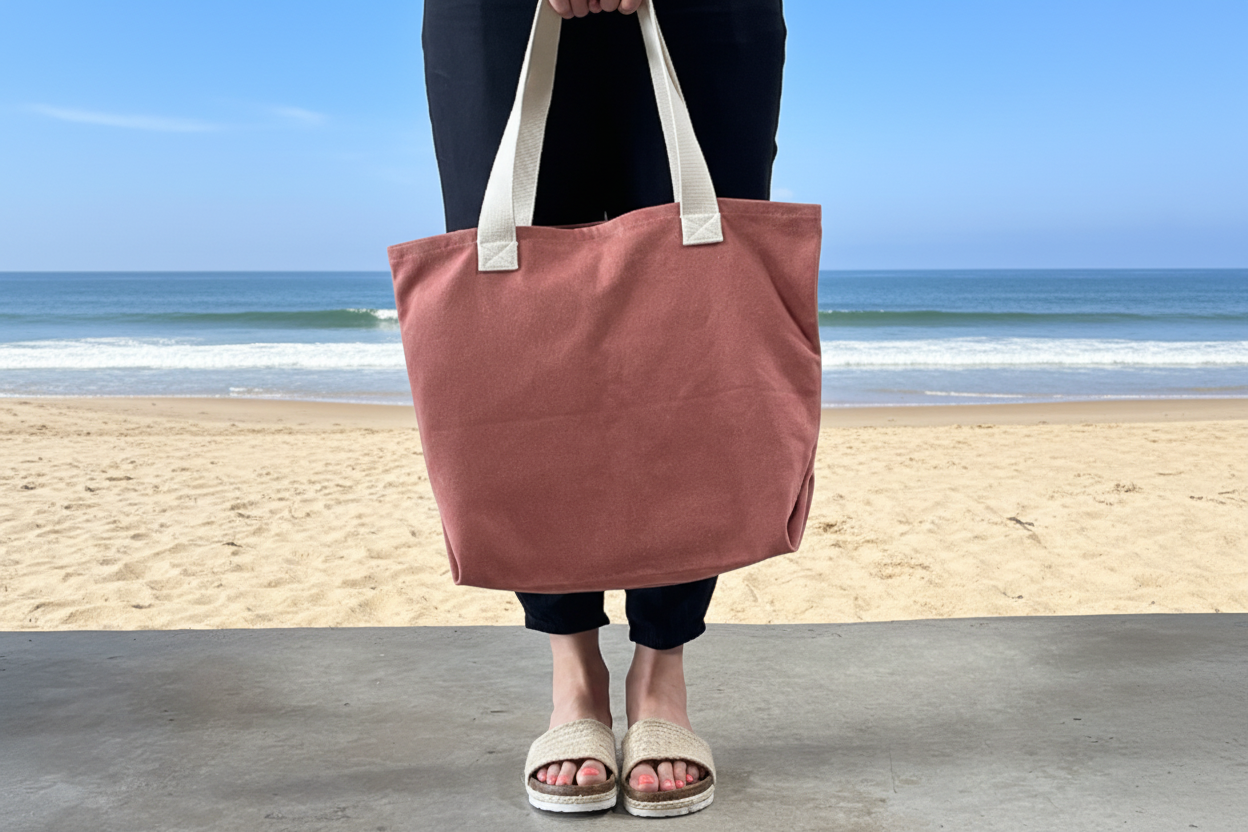 Person holding a large pink tote bag in an outdoor setting